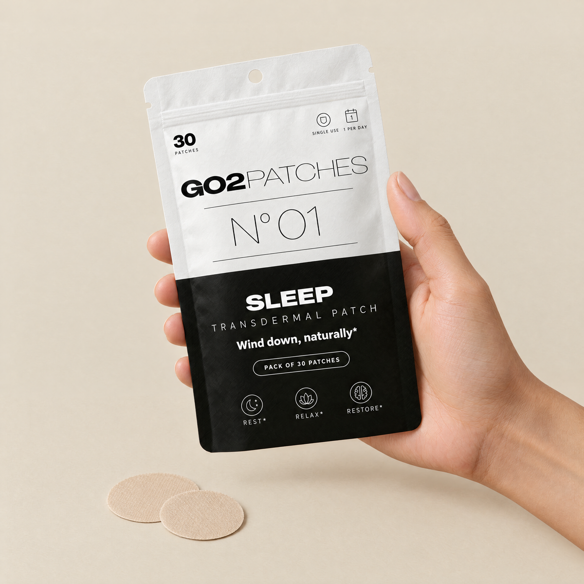 Hand holding the GO2PATCHES N° 01 Sleep pouch