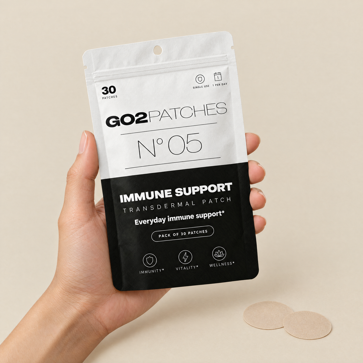 Hand holding the GO2PATCHES N° 05 Immune Support pouch