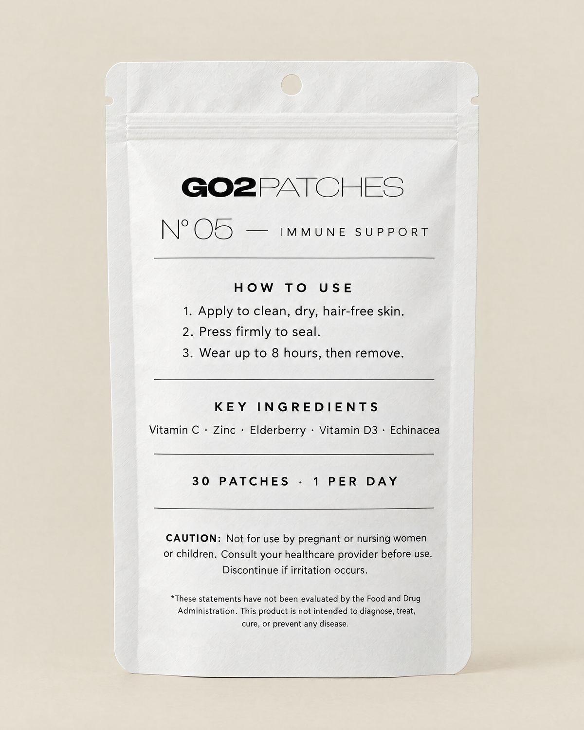 GO2PATCHES N° 05 Immune Support pouch back: how to use and ingredients