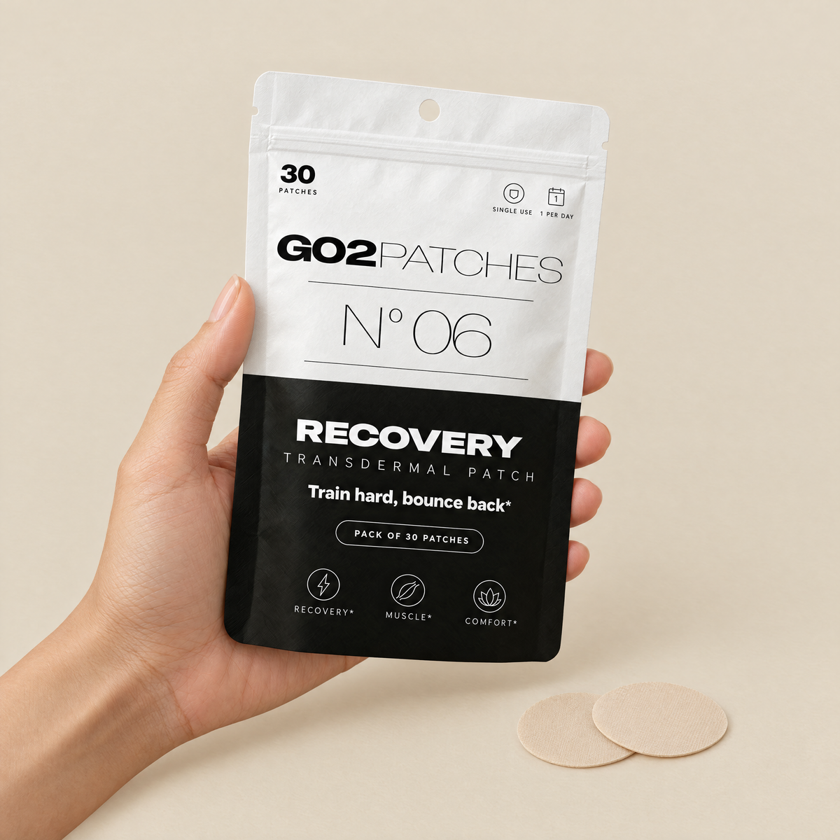 Hand holding the GO2PATCHES N° 06 Recovery pouch