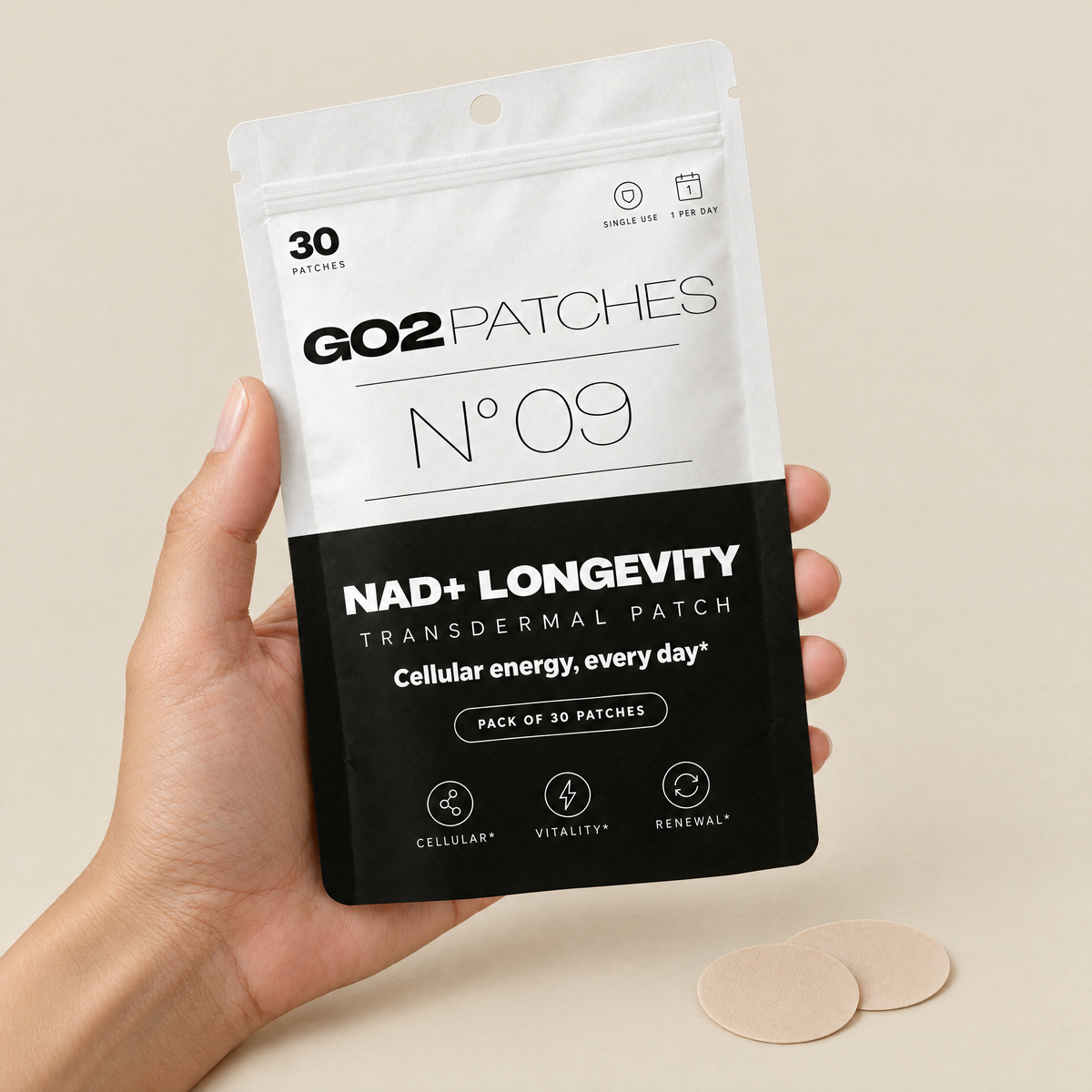 Hand holding the GO2PATCHES N° 09 NAD+ Longevity pouch