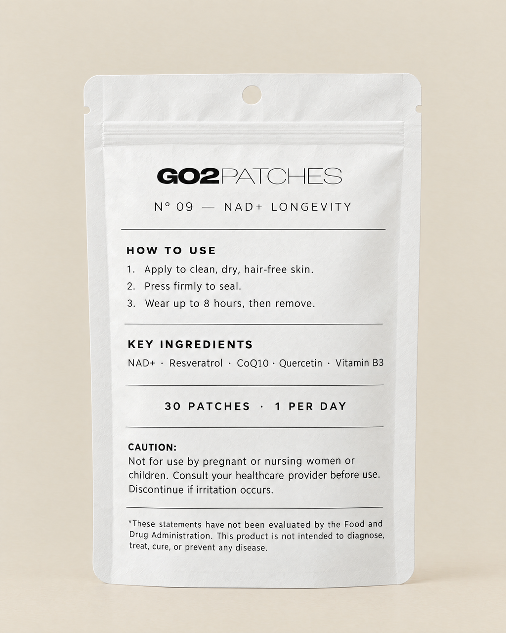 GO2PATCHES N° 09 NAD+ Longevity pouch back: how to use and ingredients