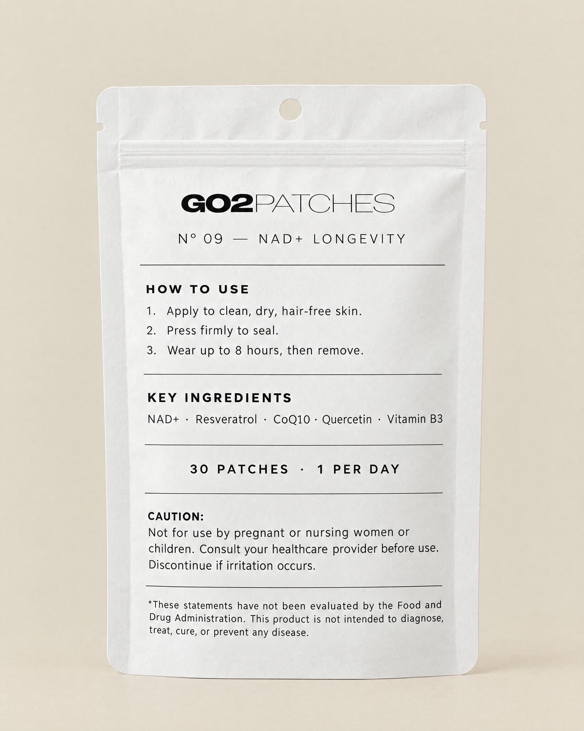 GO2PATCHES N° 09 NAD+ Longevity pouch back: how to use and ingredients