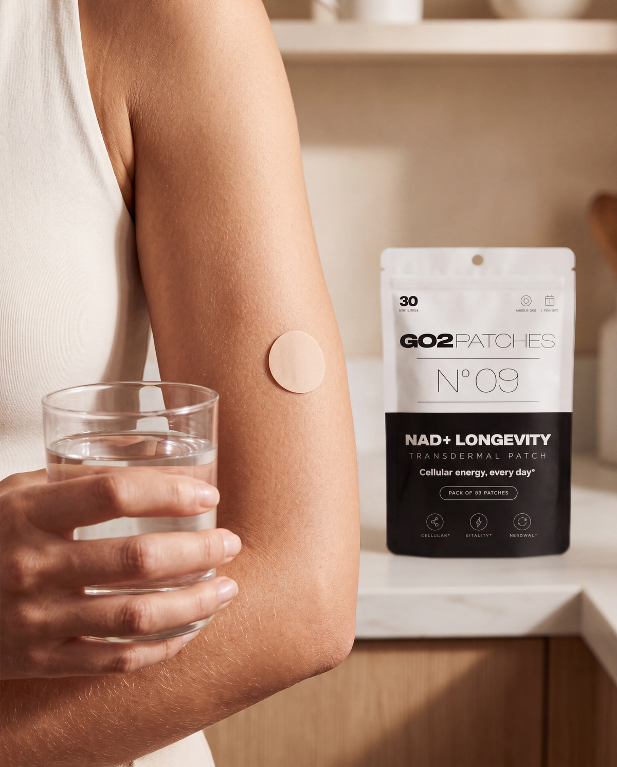 GO2PATCHES N° 09 NAD+ Longevity patch worn on skin