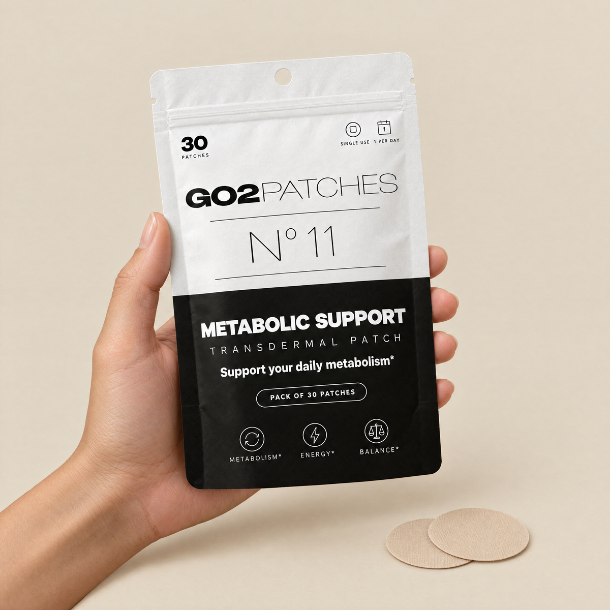 Hand holding the GO2PATCHES N° 11 Metabolic Support pouch