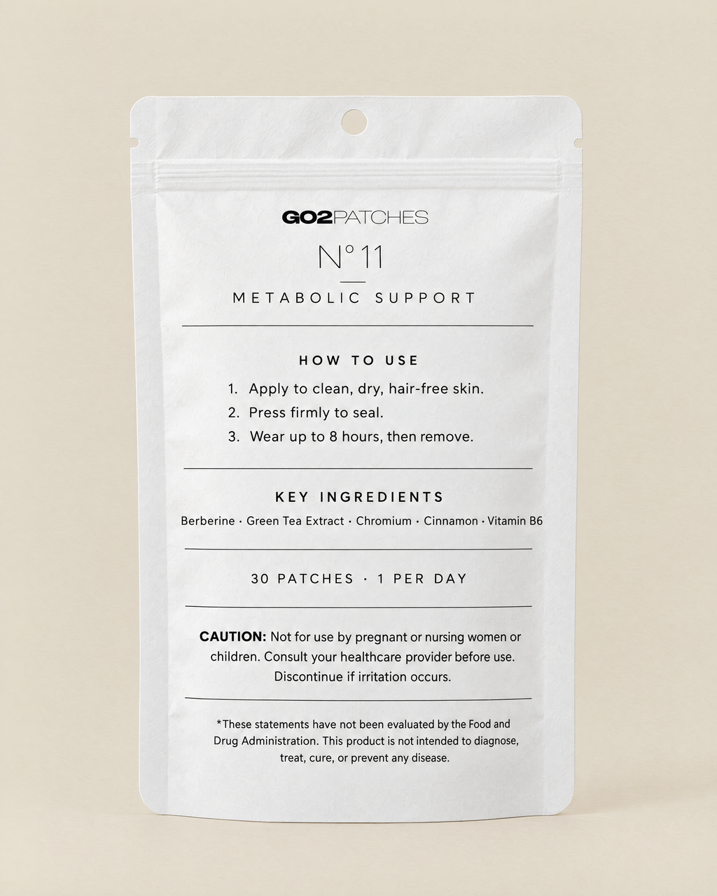 GO2PATCHES N° 11 Metabolic Support pouch back: how to use and ingredients