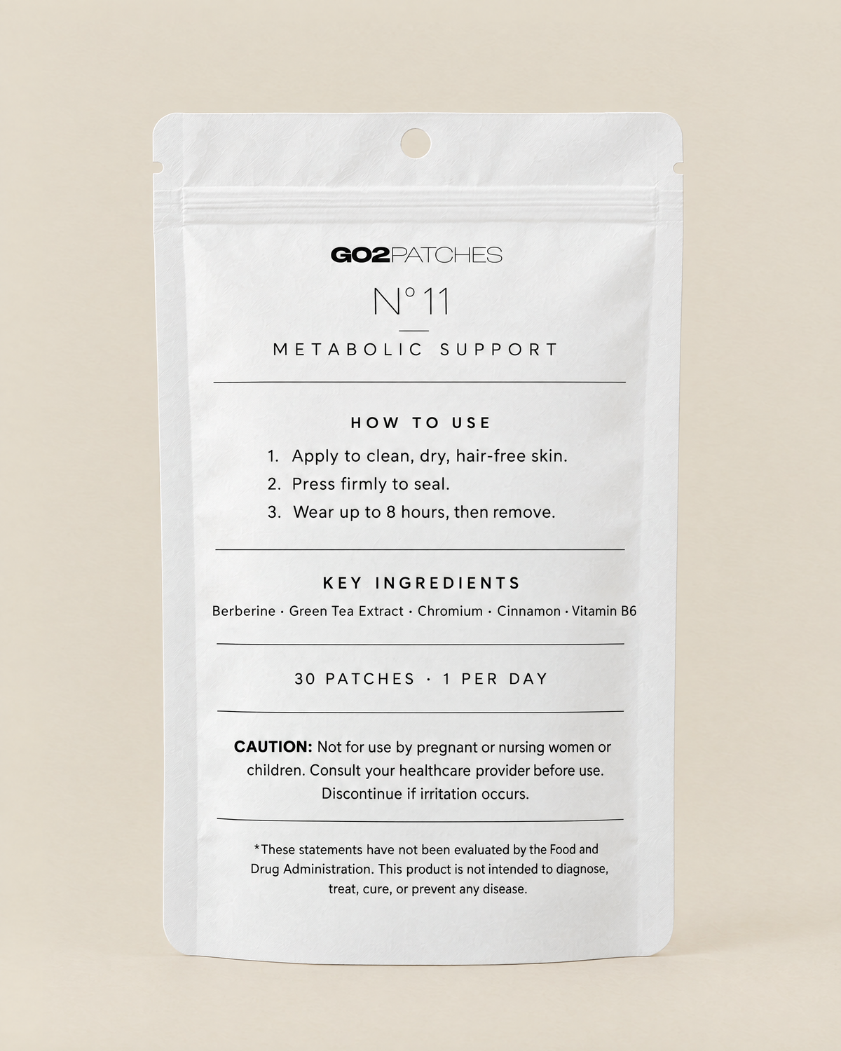 GO2PATCHES N° 11 Metabolic Support pouch back: how to use and ingredients