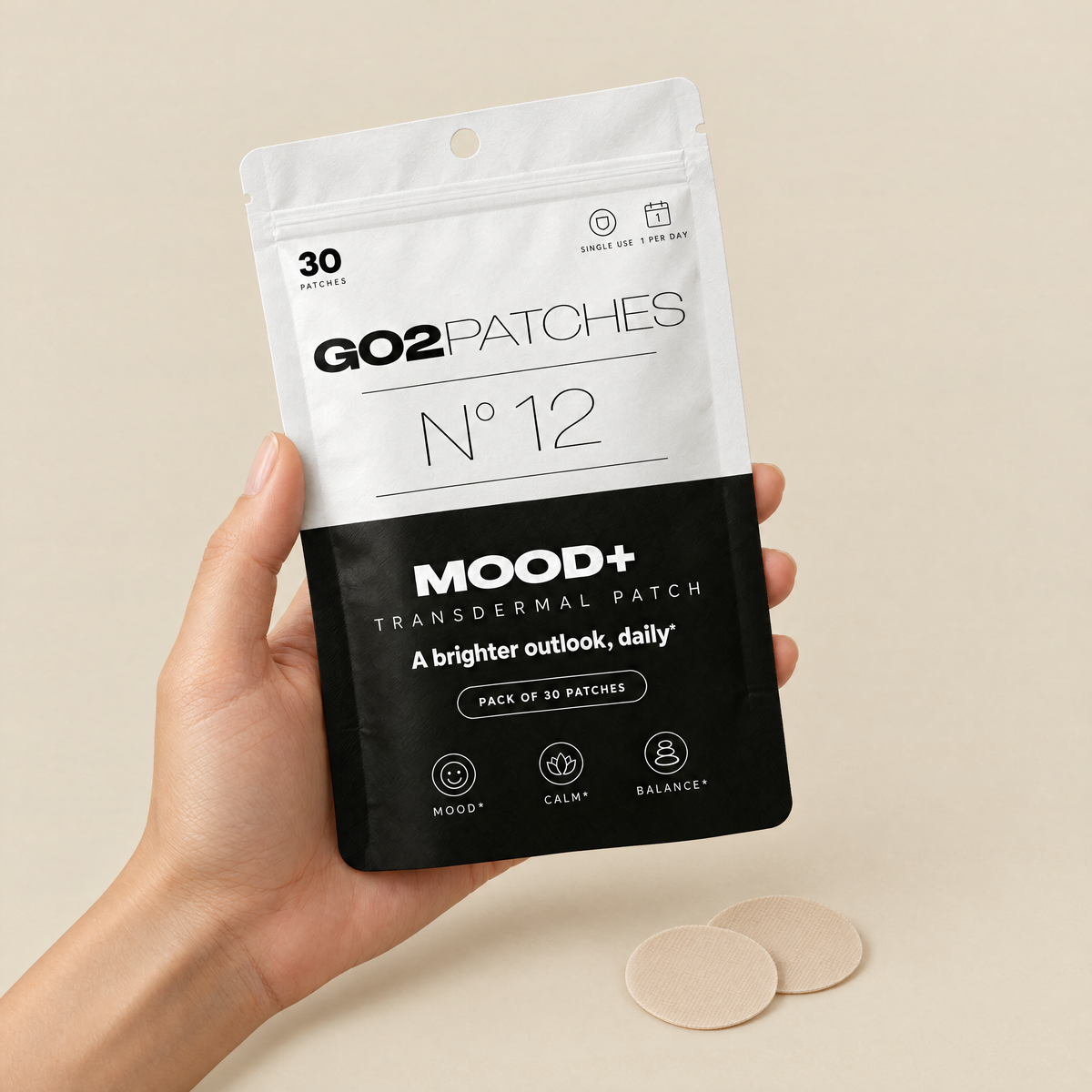 Hand holding the GO2PATCHES N° 12 Mood+ pouch