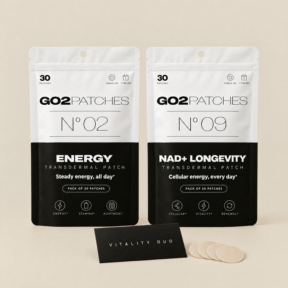 GO2PATCHES Vitality Duo: N° 02 Energy and N° 09 NAD+ Longevity pouches