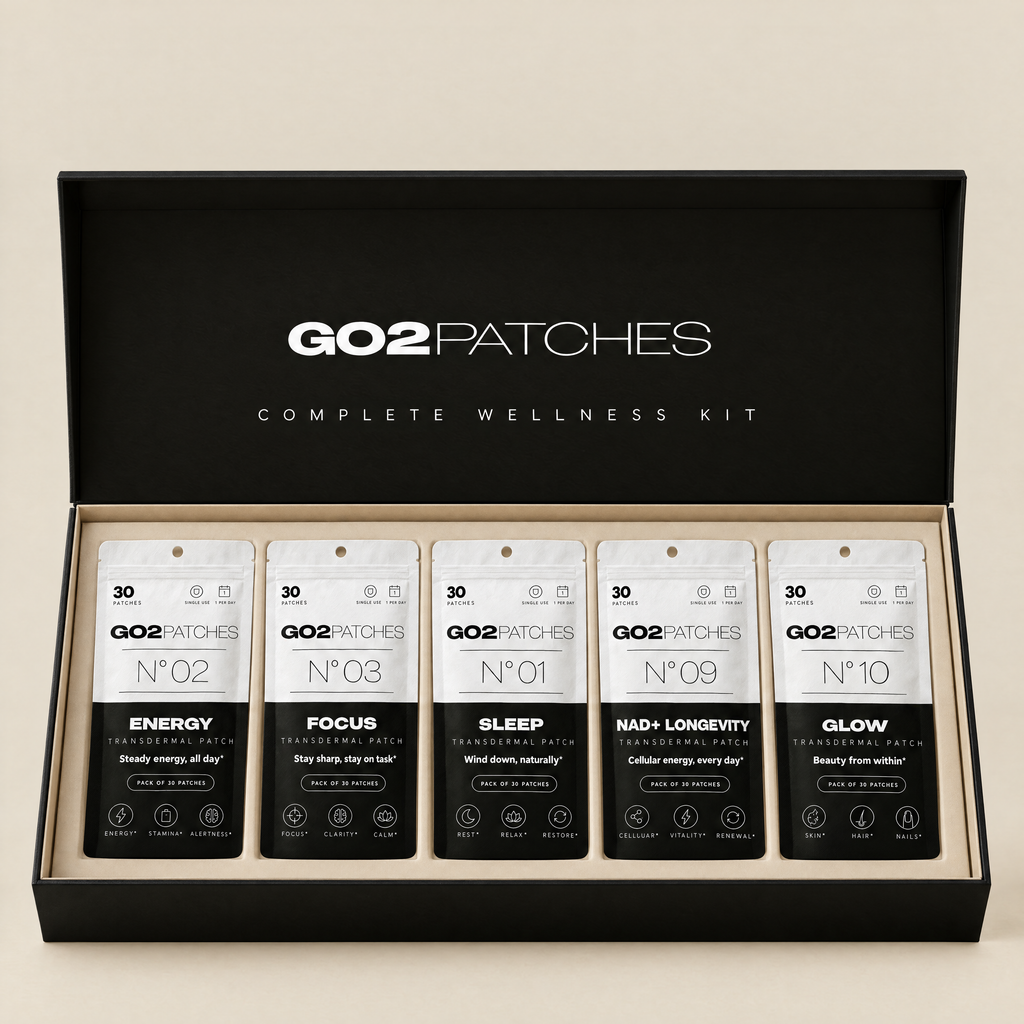 GO2PATCHES Complete Wellness Kit box with five pouches