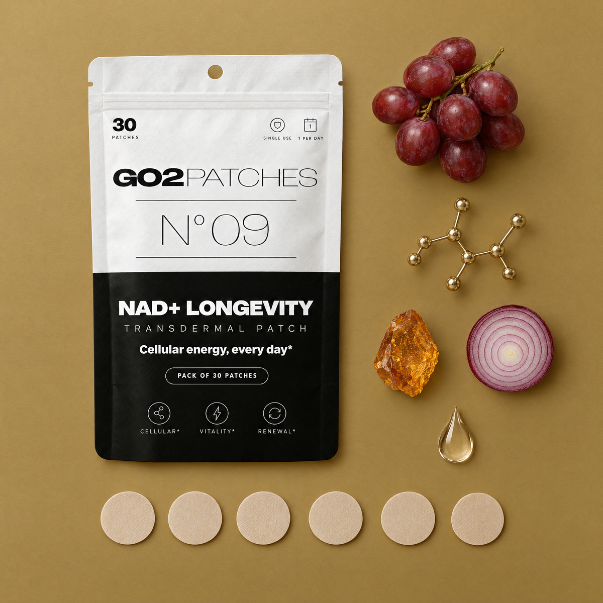 GO2PATCHES N° 09 NAD+ Longevity flat lay